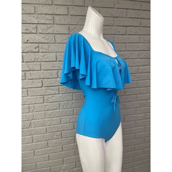 Tempt Me Women Blue Lace Up Ruffled Off Shoulder Flounce One Piece Swimsuit Size - Picture 4 of 10